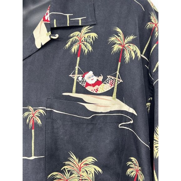 Hilo Hattie Men Hawaiian Shirt Medium M Black Tropical Palm Tree Silk X-Mas EUC - Picture 5 of 8